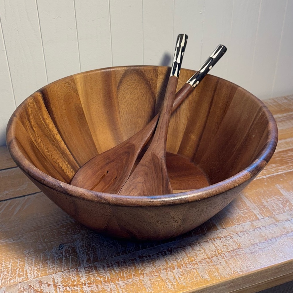 Acacia Wood Bowl and Wood & Bone Handled Serving Spoons